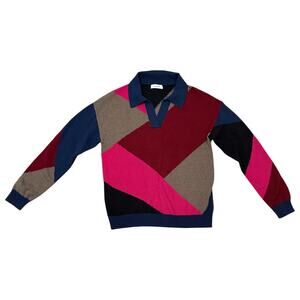 Naadam Color Blocked Polo Sweater Collared Cotton Silk Blend Multicolor Medium